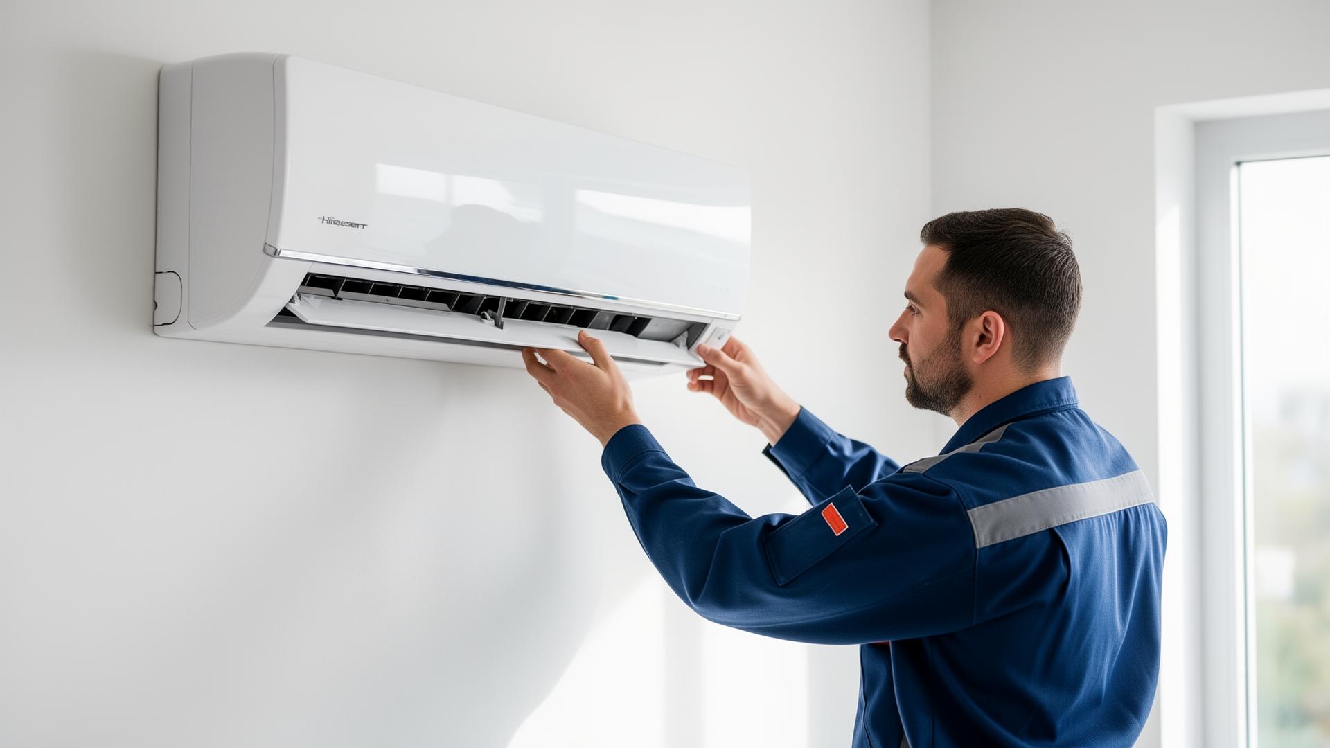 Técnico Frioservice a instalar uma unidade de ar condicionado